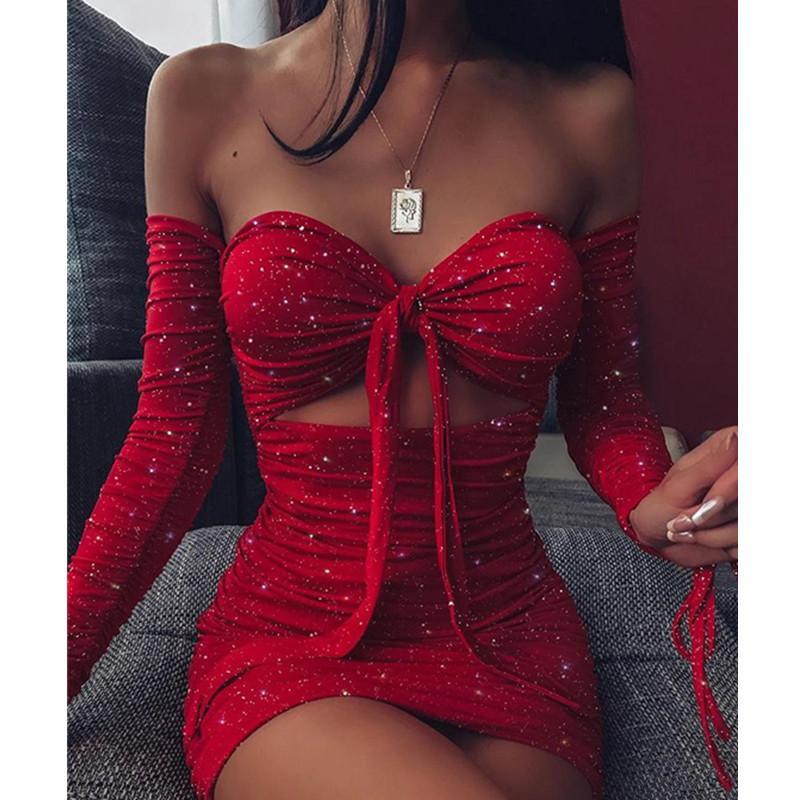 Off Shoulder Glitter Dress Long Sleeve Solid Party Strapless Mini Dresses Bust Tied Bodycon Ruched Dresses Vestidos