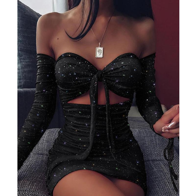Off Shoulder Glitter Dress Long Sleeve Solid Party Strapless Mini Dresses Bust Tied Bodycon Ruched Dresses Vestidos