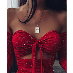 Off Shoulder Glitter Dress Long Sleeve Solid Party Strapless Mini Dresses Bust Tied Bodycon Ruched Dresses Vestidos