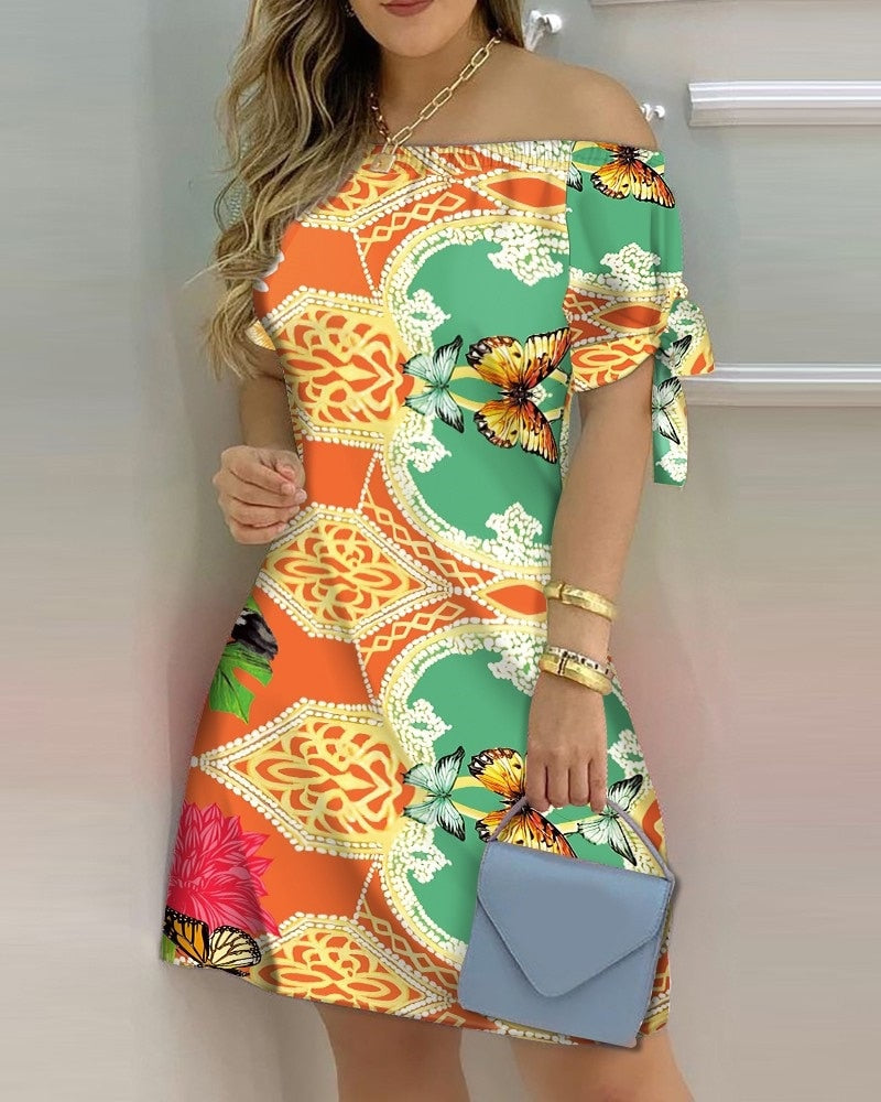 Off Shoulder Summer Mini Dress Short Sleeve Bow Tie Striped Plaid Floral Vestidos