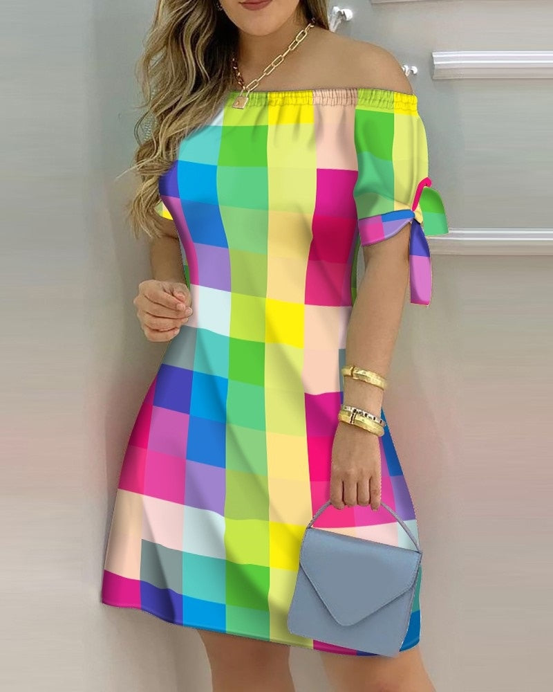 Off Shoulder Summer Mini Dress Short Sleeve Bow Tie Striped Plaid Floral Vestidos