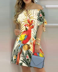 Off Shoulder Summer Mini Dress Short Sleeve Bow Tie Striped Plaid Floral Vestidos