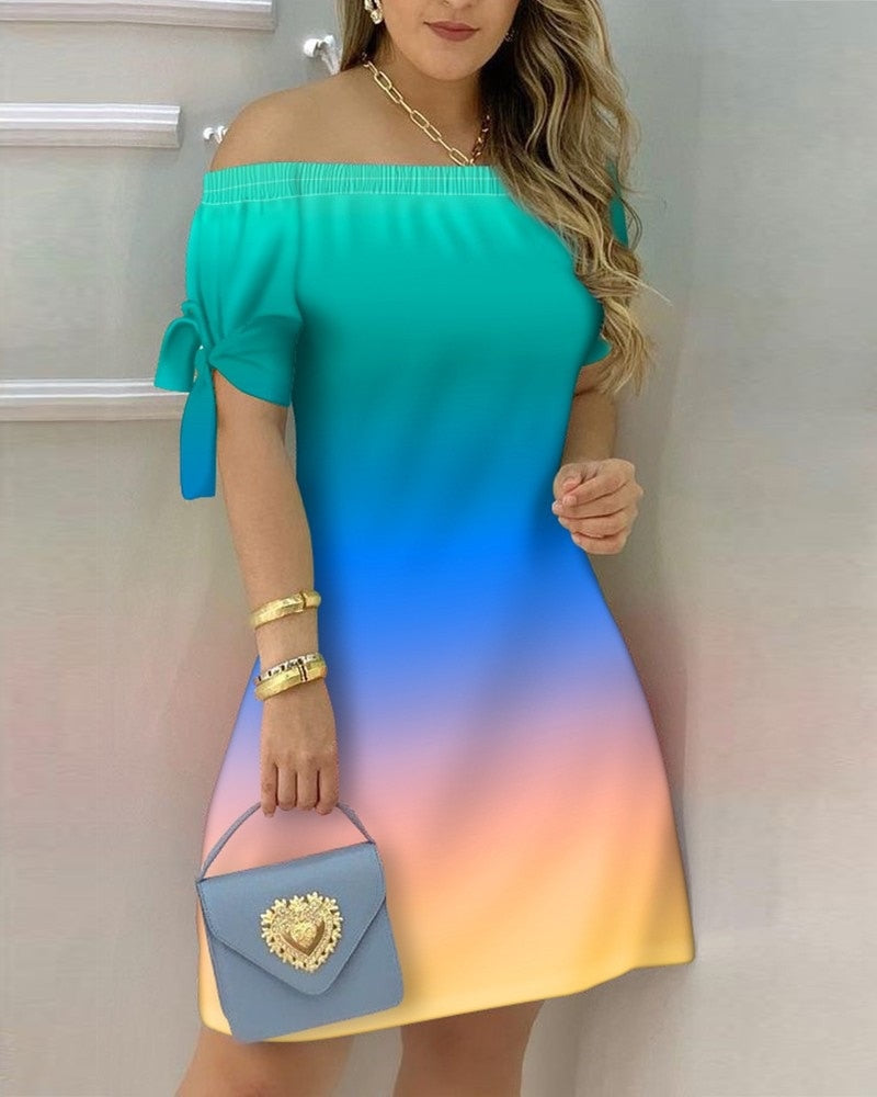 Off Shoulder Summer Mini Dress Short Sleeve Bow Tie Striped Plaid Floral Vestidos