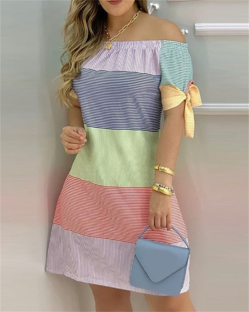 Off Shoulder Summer Mini Dress Short Sleeve Bow Tie Striped Plaid Floral Vestidos