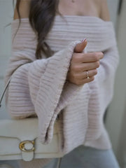 Oversize Sexy Slash Neck Loose Off Shoulder Wide Sleeves Knitted Sweater