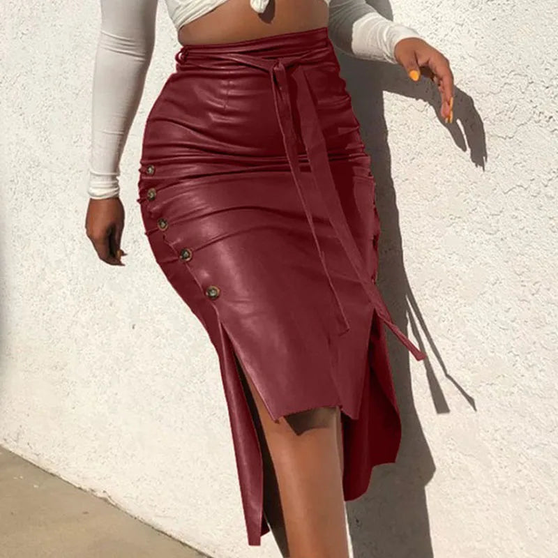 PU Leather Lace-up Slim Pencil Skirt