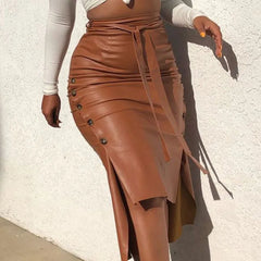 PU Leather Lace-up Slim Pencil Skirt