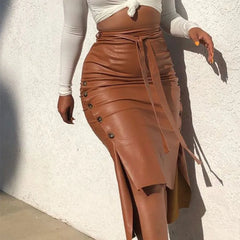 PU Leather Lace-up Slim Pencil Skirt