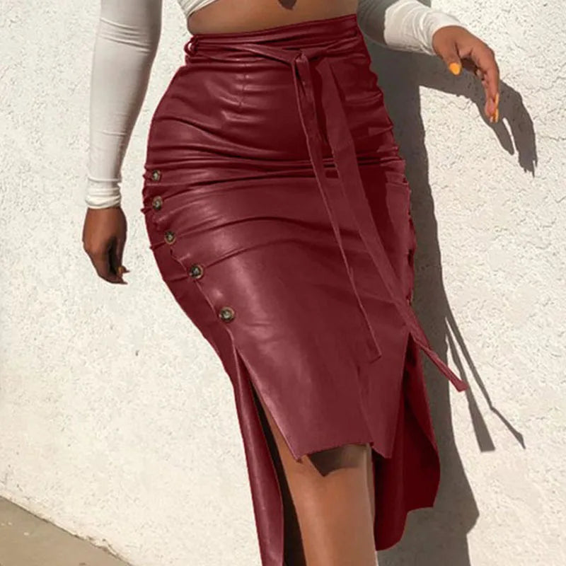 PU Leather Lace-up Slim Pencil Skirt