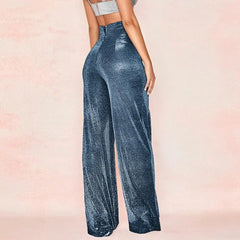 Waist Elastic Waistband Straight Full Length Club Night Sequins Loose Wide Leg Female Trouser