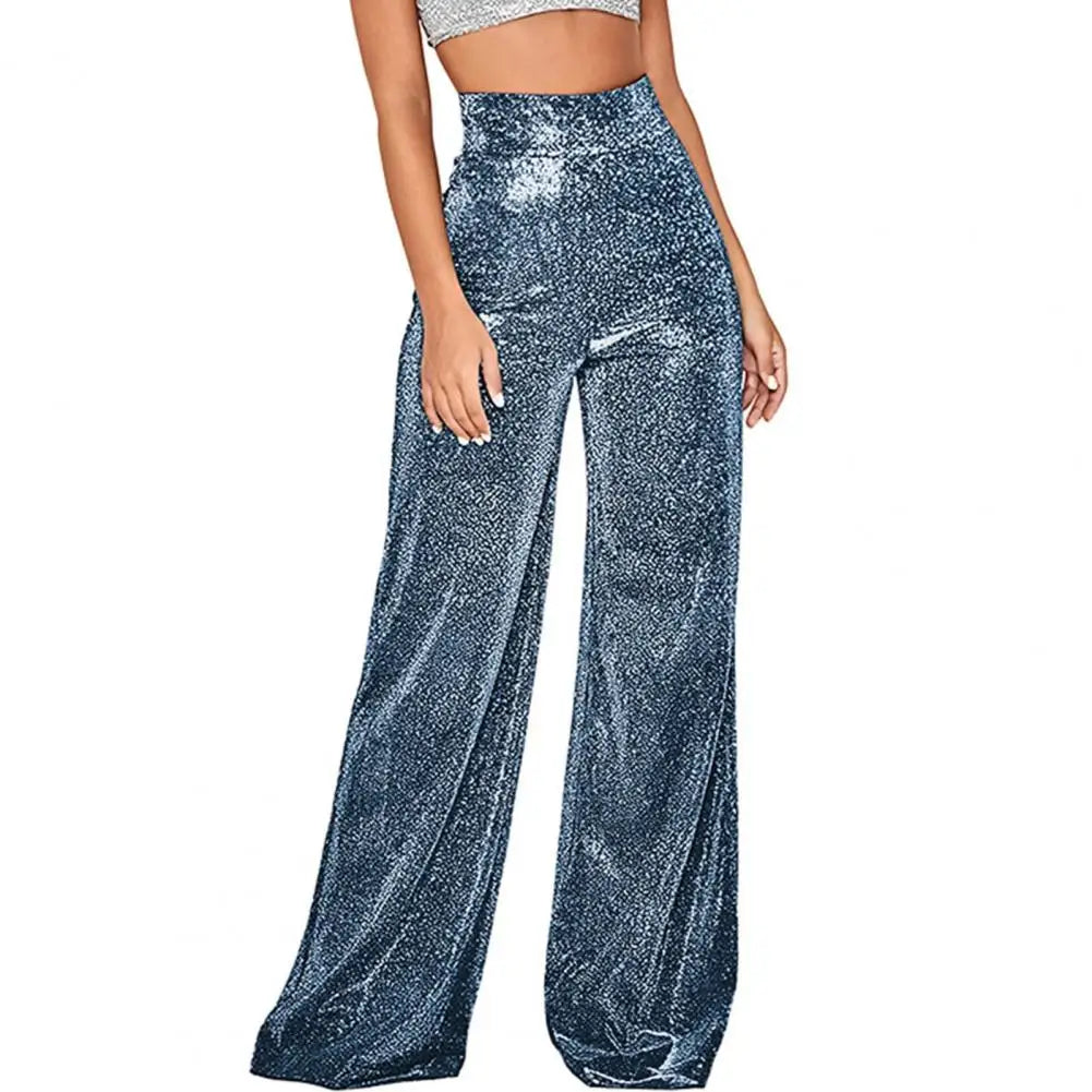 Waist Elastic Waistband Straight Full Length Club Night Sequins Loose Wide Leg Female Trouser
