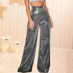 Waist Elastic Waistband Straight Full Length Club Night Sequins Loose Wide Leg Female Trouser
