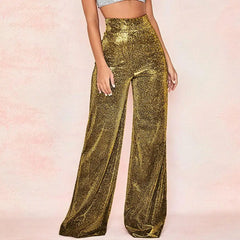 Waist Elastic Waistband Straight Full Length Club Night Sequins Loose Wide Leg Female Trouser