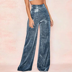 Waist Elastic Waistband Straight Full Length Club Night Sequins Loose Wide Leg Female Trouser