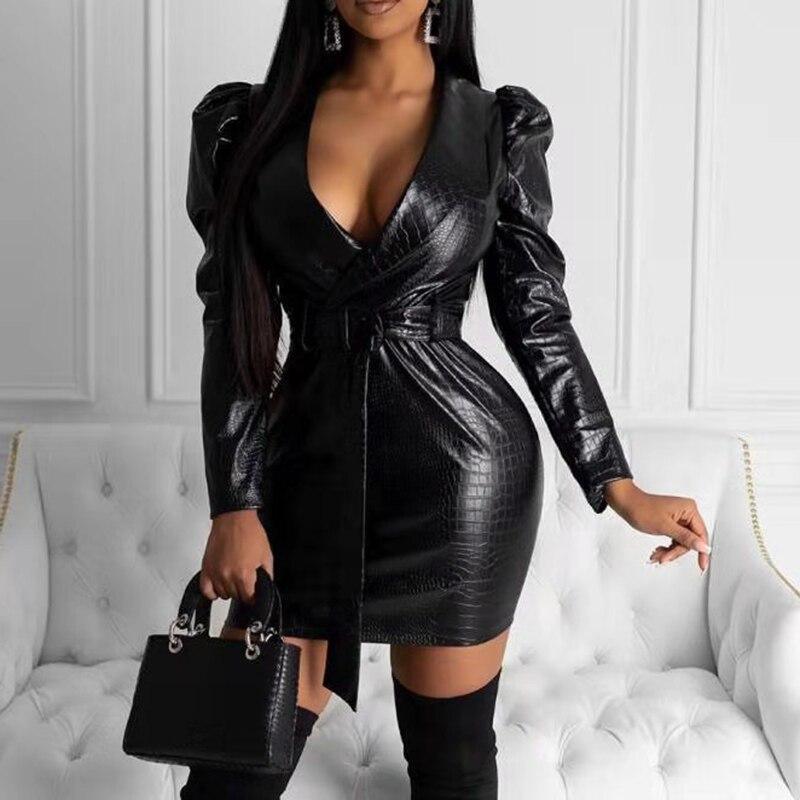 Pu Leather Dress with Belt Puff Sleeve Turn Down Collar Leather Dress Sashes Long Sleeve Black Pu Dresses Mini Vestidos