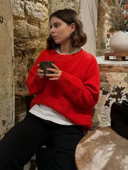 Red Loose Knitted Sweater Fashion Crew Neck Long Sleeve Sweater