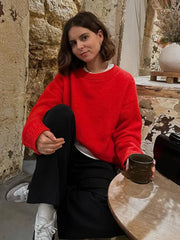 Red Loose Knitted Sweater Fashion Crew Neck Long Sleeve Sweater