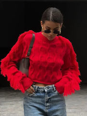 Red Tassels Patchwork Elegant O Neck Long Sleeves Loose Short Chic Ladies Sweater