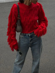 Red Tassels Patchwork Elegant O Neck Long Sleeves Loose Short Chic Ladies Sweater