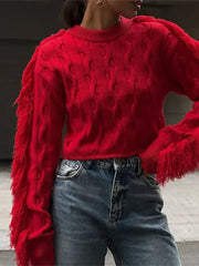 Red Tassels Patchwork Elegant O Neck Long Sleeves Loose Short Chic Ladies Sweater