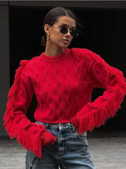 Red Tassels Patchwork Elegant O Neck Long Sleeves Loose Short Chic Ladies Sweater