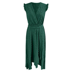 WomenClothing Free Shipping Sleeve Wrap V Neck Ruffle Dot Ruffle Slit Flowy Boho Dress