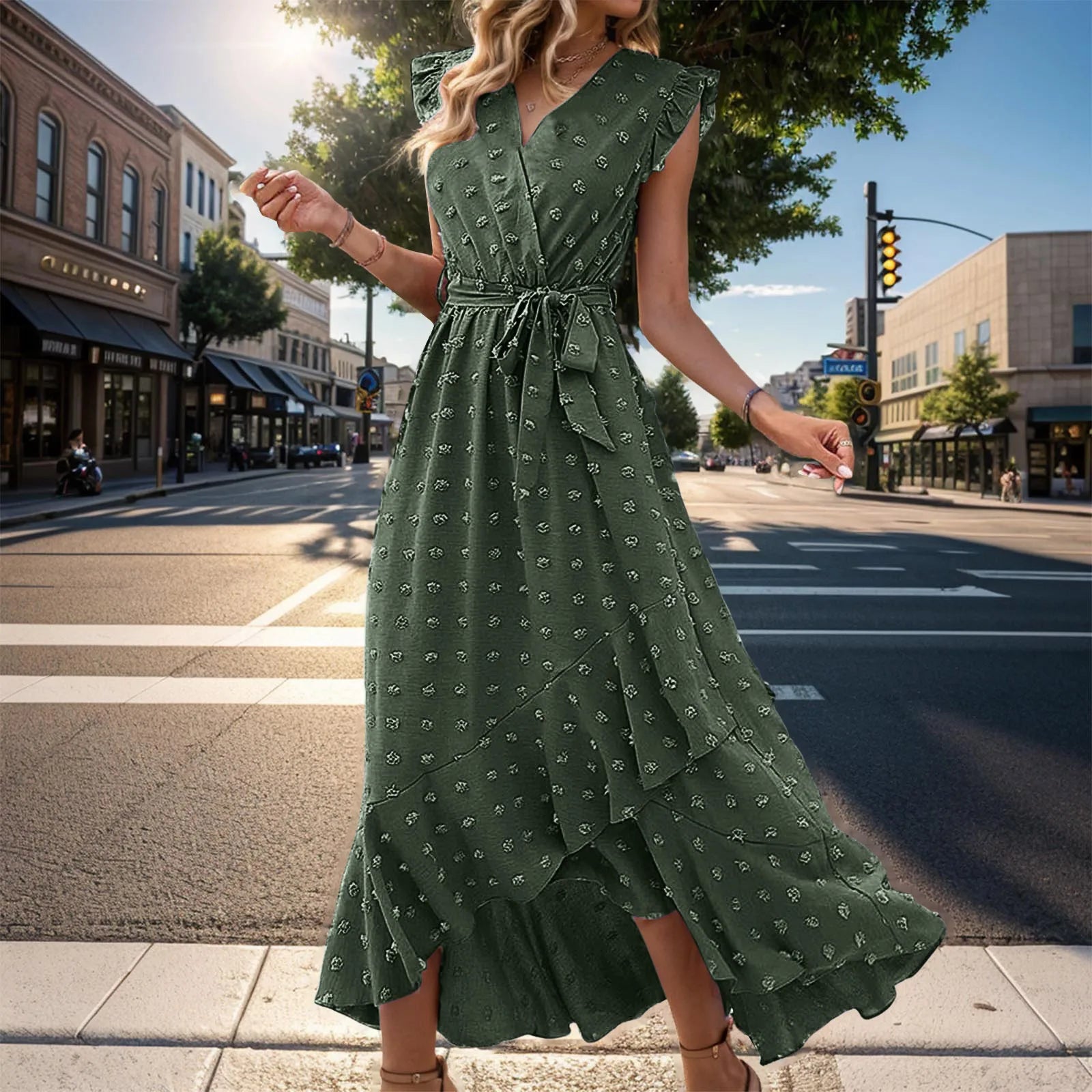 WomenClothing Free Shipping Sleeve Wrap V Neck Ruffle Dot Ruffle Slit Flowy Boho Dress