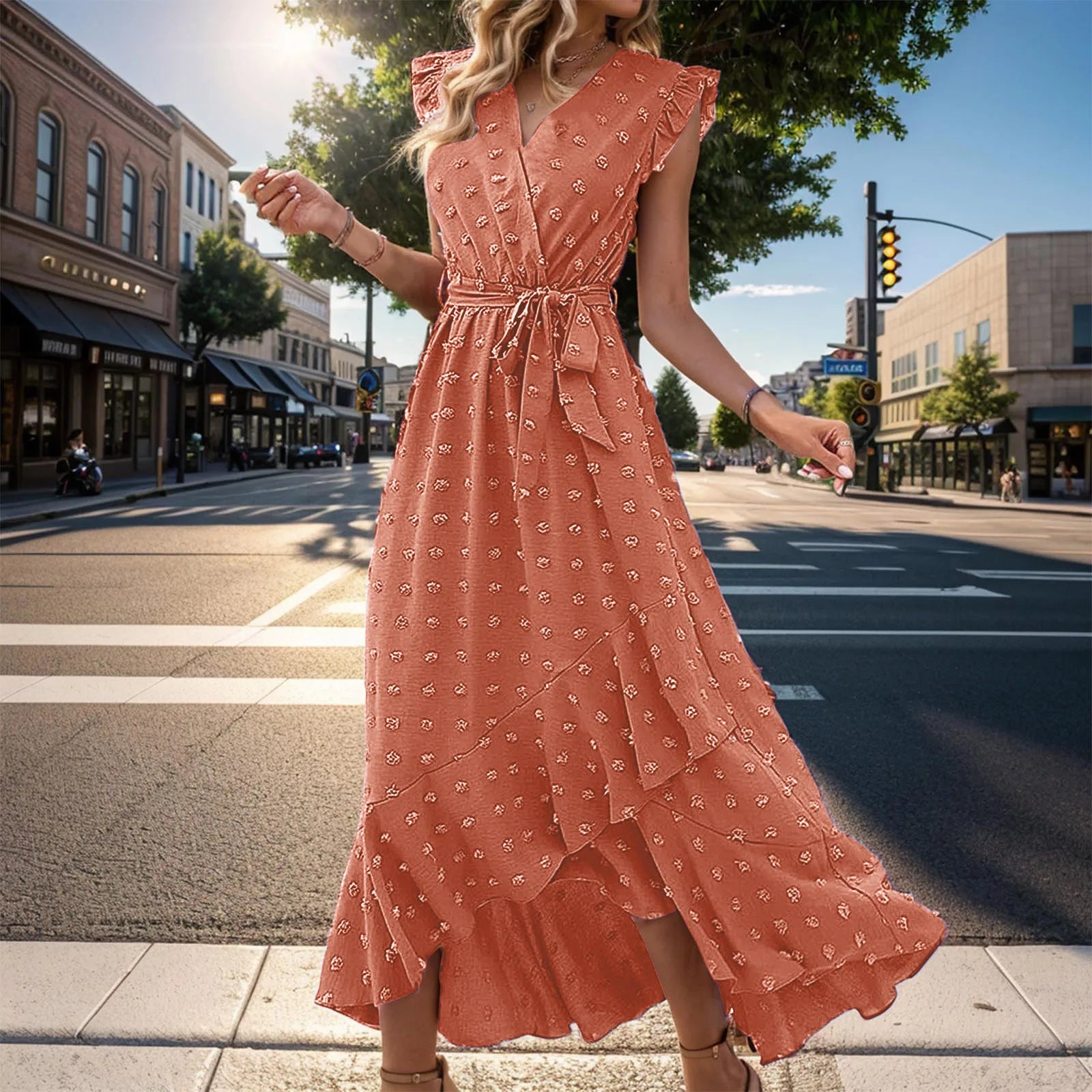 WomenClothing Free Shipping Sleeve Wrap V Neck Ruffle Dot Ruffle Slit Flowy Boho Dress