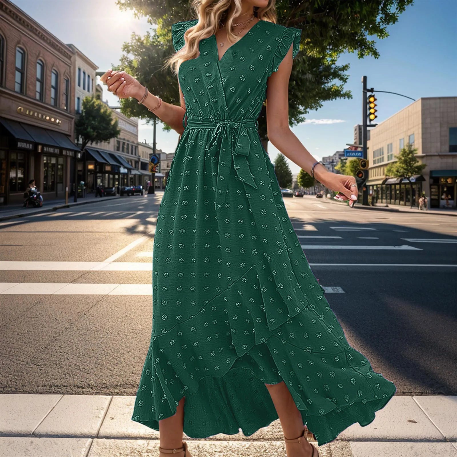 WomenClothing Free Shipping Sleeve Wrap V Neck Ruffle Dot Ruffle Slit Flowy Boho Dress