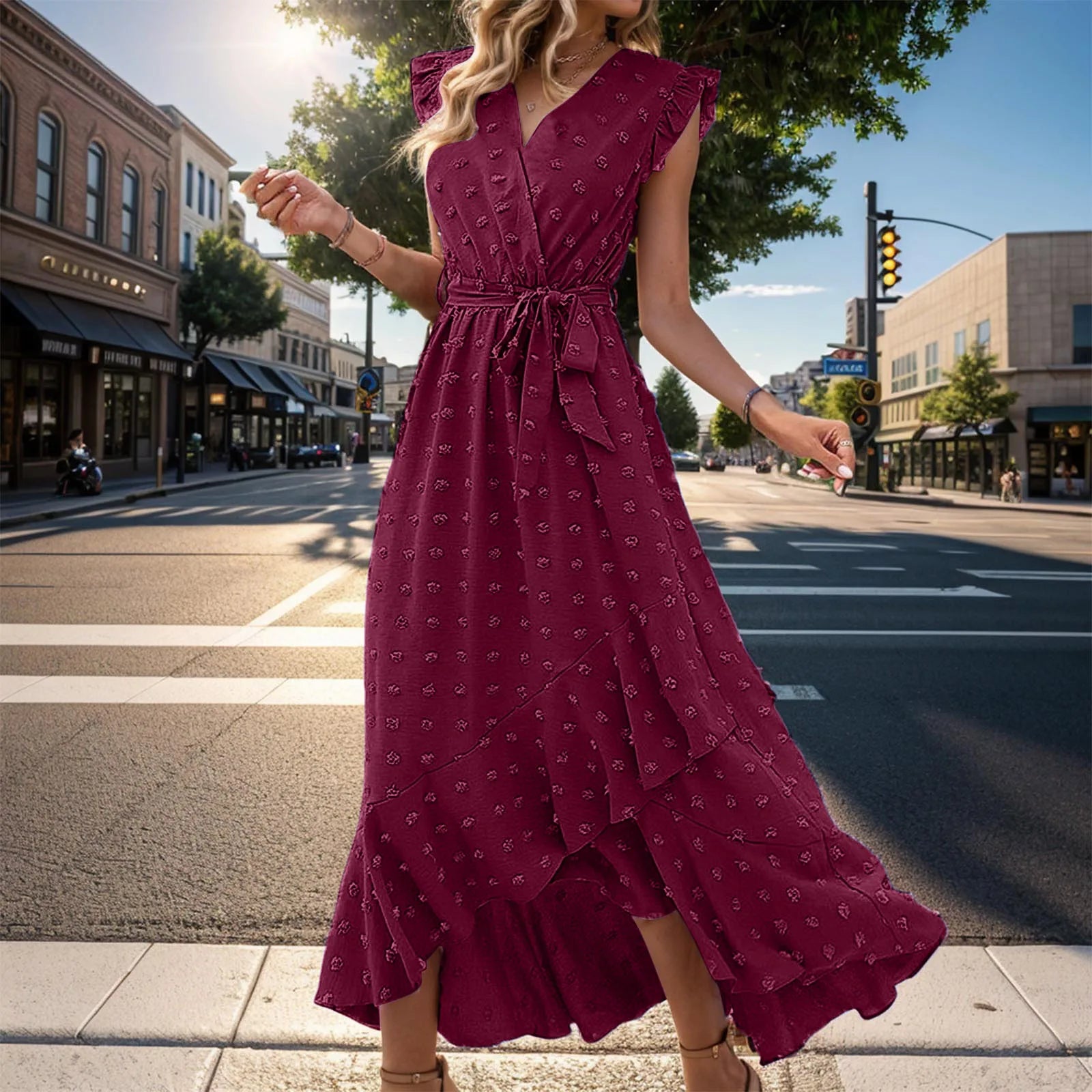 WomenClothing Free Shipping Sleeve Wrap V Neck Ruffle Dot Ruffle Slit Flowy Boho Dress