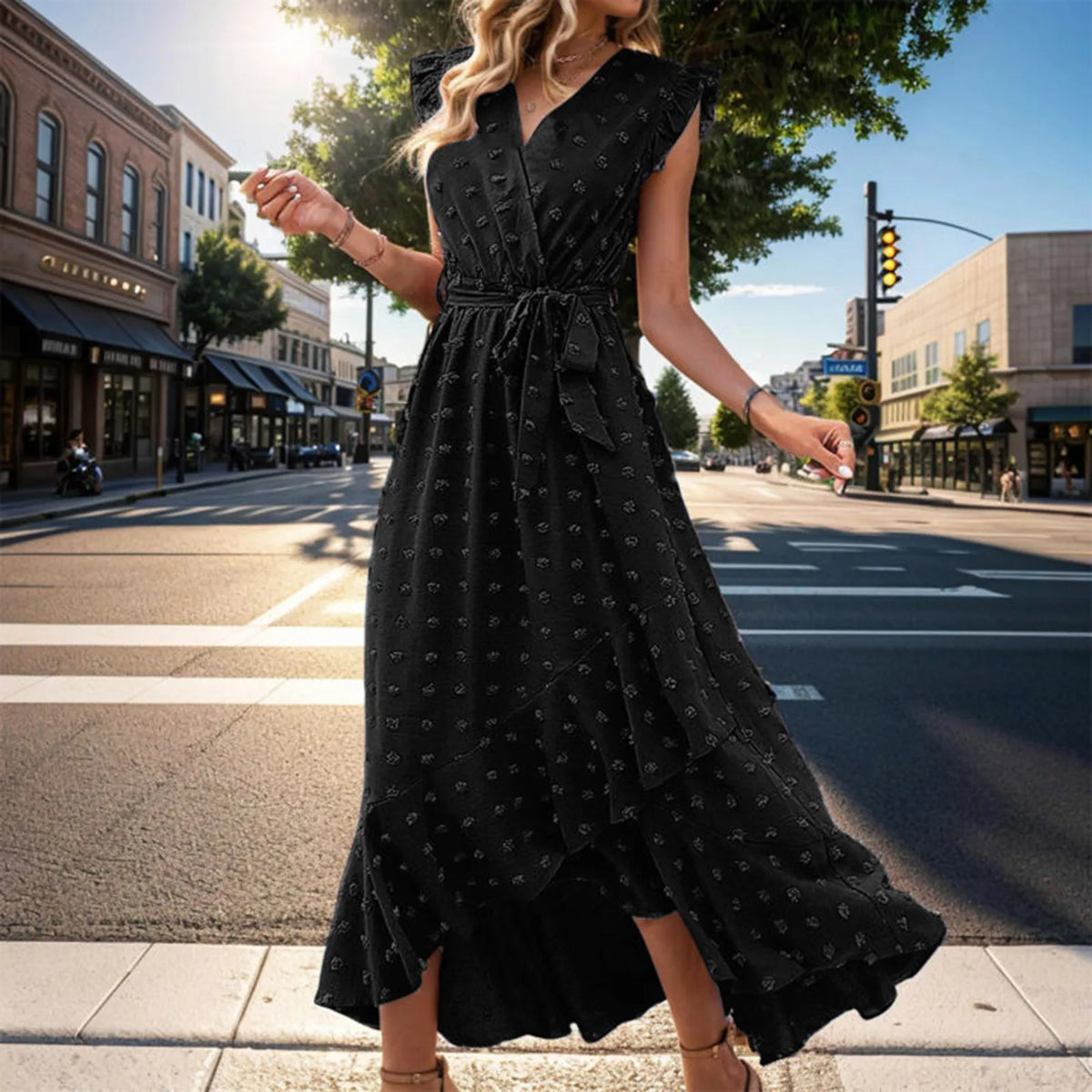 WomenClothing Free Shipping Sleeve Wrap V Neck Ruffle Dot Ruffle Slit Flowy Boho Dress