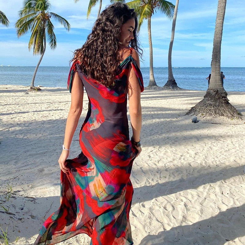 Boho Floral Holiday Summer Evening Party Mesh Sundress Vacation Spaghetti A-line