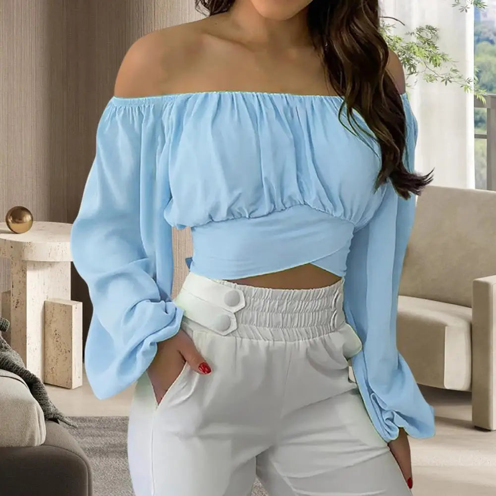 Cropped Off Shoulder Lantern Long Sleeve Loose Fit Blouse