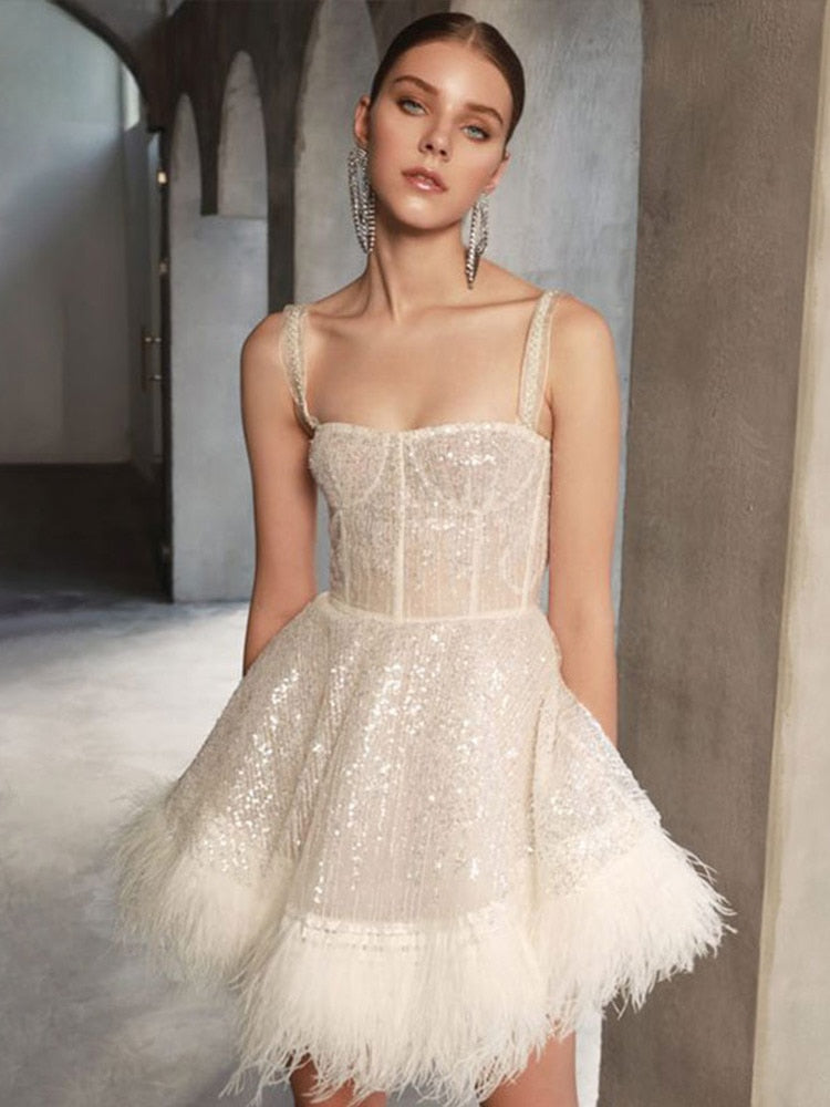 Off Shoulder Slip Feather Sequin Sleeveless Dress