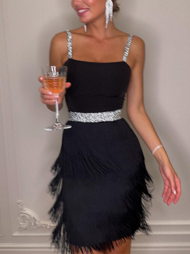 Off Shoulder Suspender Fringed Slim Dress