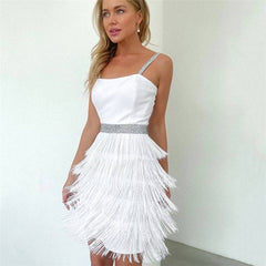 Off Shoulder Suspender Fringed Slim Dress