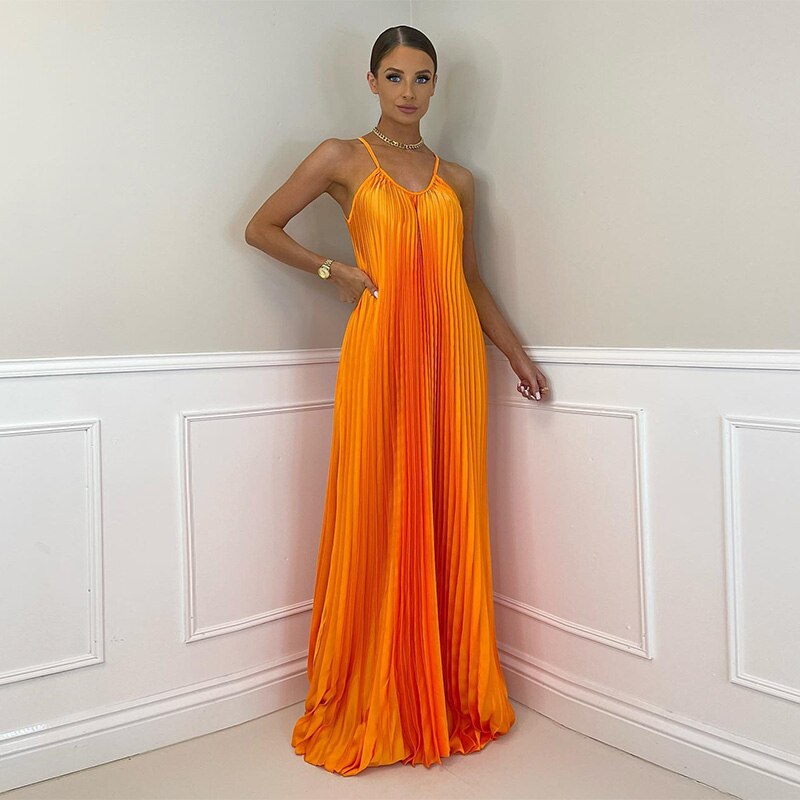 Pleated Long Halter Sleeveless Sling Banquet Dress