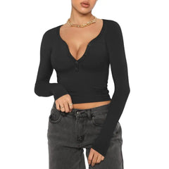 V Neck Long Sleeve Slim Button Neckline Crop Top