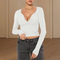 V Neck Long Sleeve Slim Button Neckline Crop Top