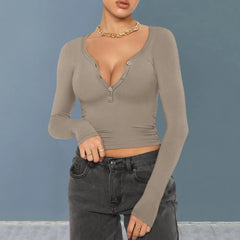 V Neck Long Sleeve Slim Button Neckline Crop Top