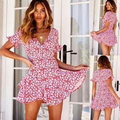 Short Sleeve V-Neck Wrap Boho Floral Mini Dress Fashion Ladies High Waist Holiday Summer Beach Sundress