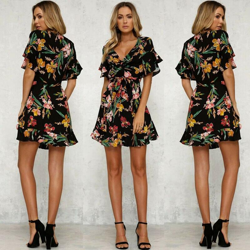 Short Sleeve Wrap Boho Floral Mini Dress Ladies Summer Party Beach Casual V-Neck Short Sundress Holiday