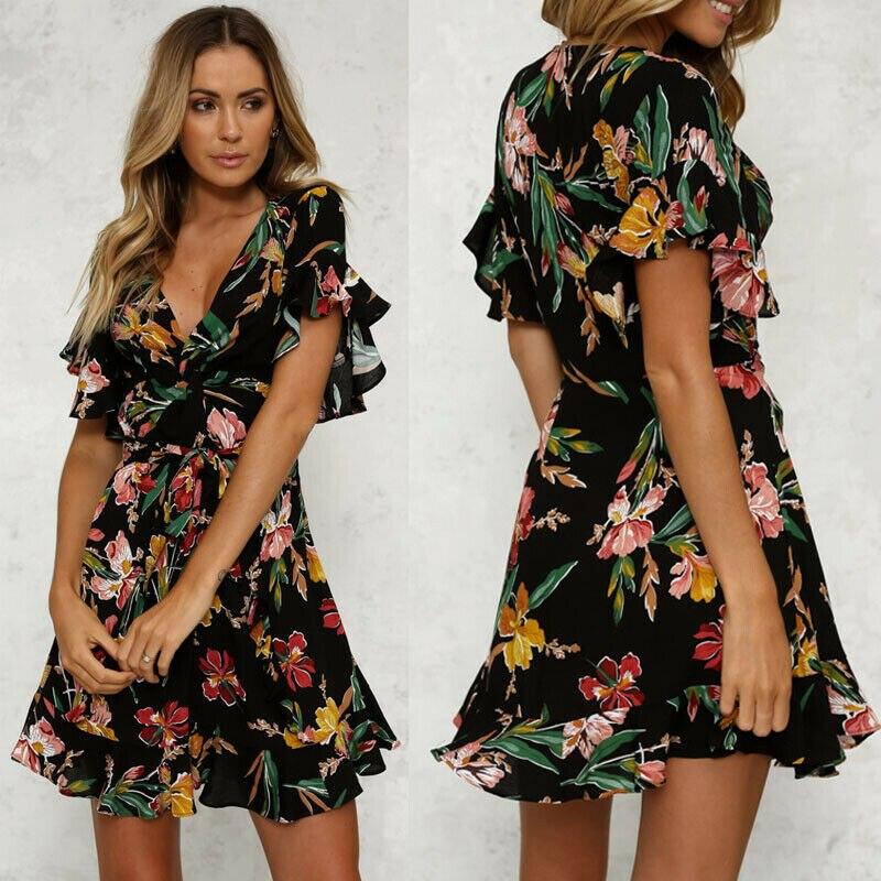 Short Sleeve Wrap Boho Floral Mini Dress Ladies Summer Party Beach Casual V-Neck Short Sundress Holiday