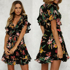 Short Sleeve Wrap Boho Floral Mini Dress Ladies Summer Party Beach Casual V-Neck Short Sundress Holiday