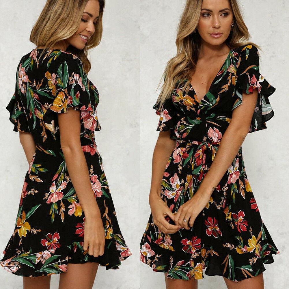 Short Sleeve Wrap Boho Floral Mini Dress Ladies Summer Party Beach Casual V-Neck Short Sundress Holiday