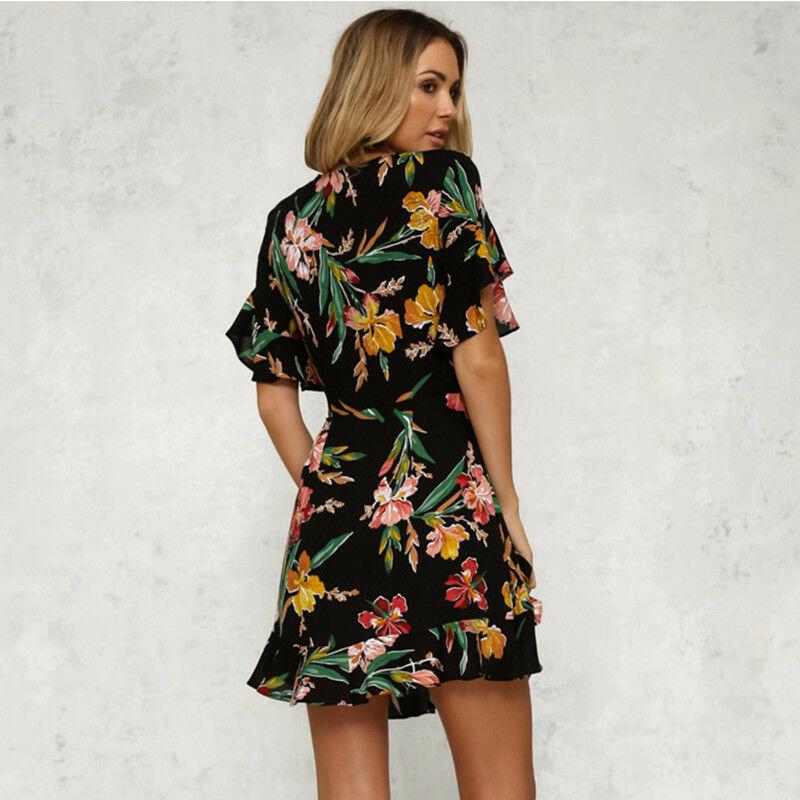 Short Sleeve Wrap Boho Floral Mini Dress Ladies Summer Party Beach Casual V-Neck Short Sundress Holiday
