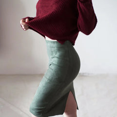 Suede Color Vintage Split Pencil Skirt