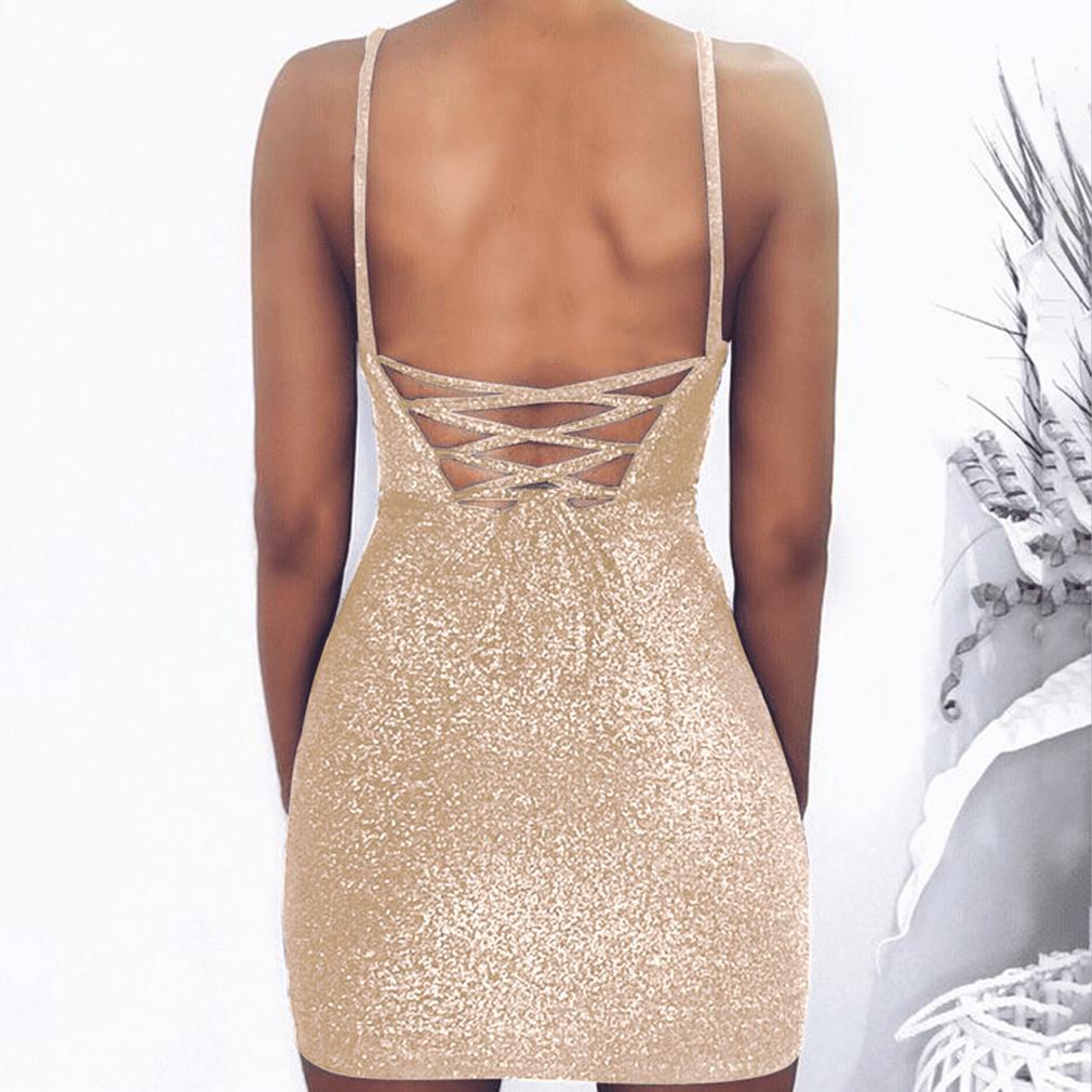 Sleeveless Backless Dress Evening Party Summer Sheath Sequins Bodycon Clubwear Short Mini Dresses Gold Black Pink