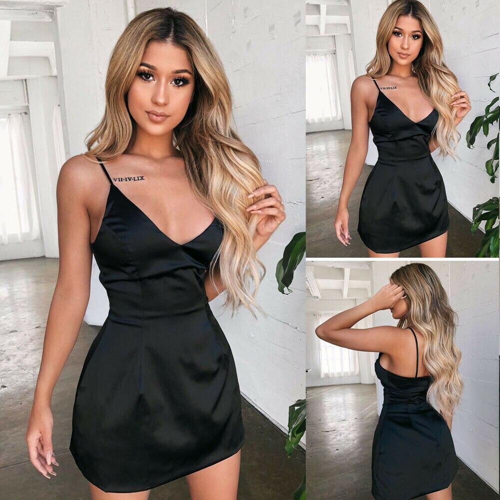 Sleeveless Solid Mini Dress Fashion Ladies Strappy V-Neck Summer Holiday Beach Casual Slim Dress Sundress New