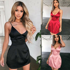 Sleeveless Solid Mini Dress Fashion Ladies Strappy V-Neck Summer Holiday Beach Casual Slim Dress Sundress New